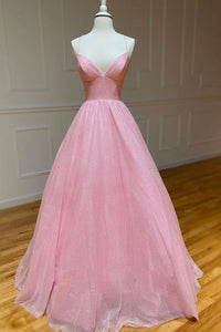 Shiny Tulle V Neck Backless Pink Long Prom Dresses, V Neck Pink Formal Dresses, Pink Evening Dresses