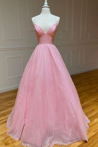 Shiny Tulle V Neck Backless Pink Long Prom Dresses, V Neck Pink Formal Dresses, Pink Evening Dresses