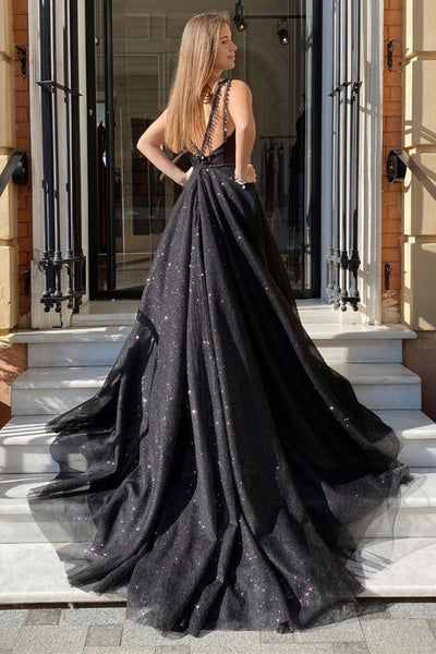 Shiny Tulle V Neck Open Back Black Long Prom Dresses with High Slit, Sparkly Black Tulle Formal Graduation Evening Dresses