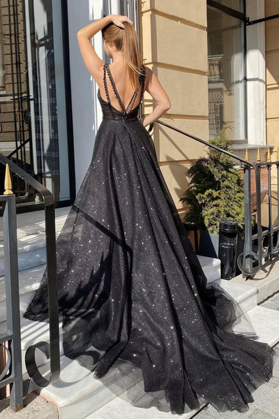 Shiny Tulle V Neck Open Back Black Long Prom Dresses with High Slit, Sparkly Black Tulle Formal Graduation Evening Dresses