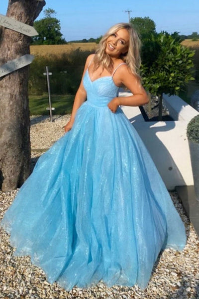 Shiny Tulle V Neck Open Back Blue Long Prom Dresses, V Neck Blue Formal Dresses, Blue Evening Dresses