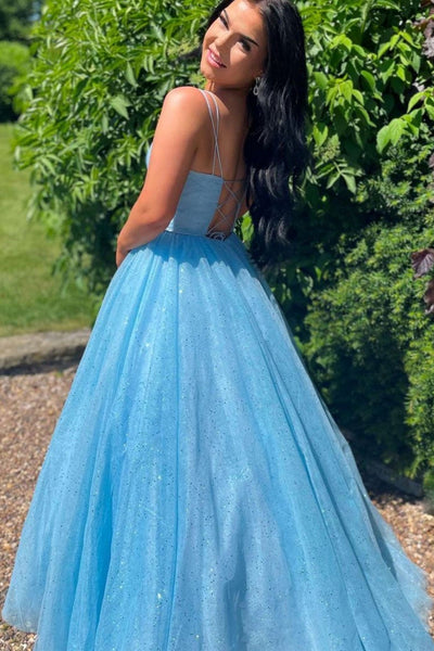 Shiny Tulle V Neck Open Back Blue Long Prom Dresses, V Neck Blue Formal Dresses, Blue Evening Dresses