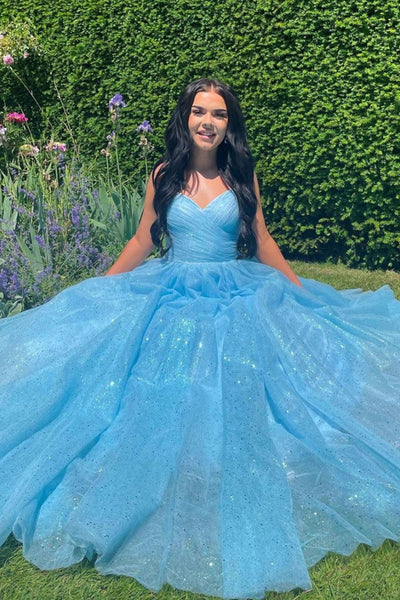 Shiny Tulle V Neck Open Back Blue Long Prom Dresses, V Neck Blue Formal Dresses, Blue Evening Dresses