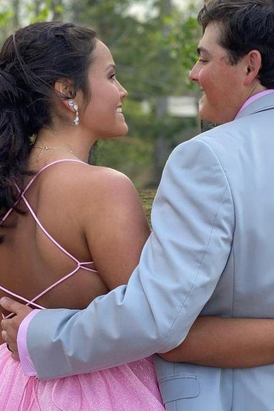 Shiny Tulle V Neck Open Back Pink Long Prom Dresses, V Neck Pink Formal Dresses, Pink Evening Dresses