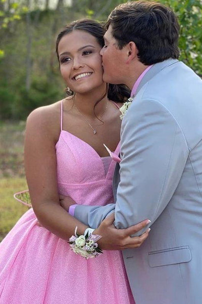 Shiny Tulle V Neck Open Back Pink Long Prom Dresses, V Neck Pink Formal Dresses, Pink Evening Dresses