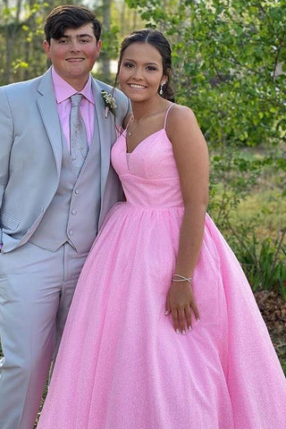 Shiny Tulle V Neck Open Back Pink Long Prom Dresses, V Neck Pink Formal Dresses, Pink Evening Dresses