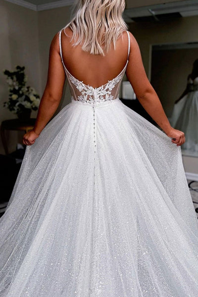 Shiny V Neck Backless White Tulle Long Prom Dresses, Backless White Formal Dresses, White Evening Dresses