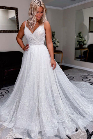 Shiny V Neck Backless White Tulle Long Prom Dresses, Backless White Formal Dresses, White Evening Dresses