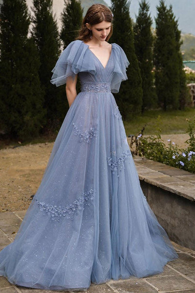 Shiny V Neck Cap Sleeves Blue Lace Long Prom Dresses, V Neck Blue Tulle Formal Dresses, Cap Sleeves Blue Evening Dresses