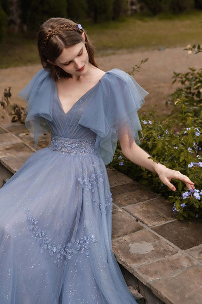 Shiny V Neck Cap Sleeves Blue Lace Long Prom Dresses, V Neck Blue Tulle Formal Dresses, Cap Sleeves Blue Evening Dresses