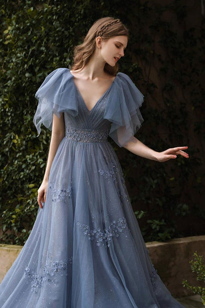 Shiny V Neck Cap Sleeves Blue Lace Long Prom Dresses, V Neck Blue Tulle Formal Dresses, Cap Sleeves Blue Evening Dresses