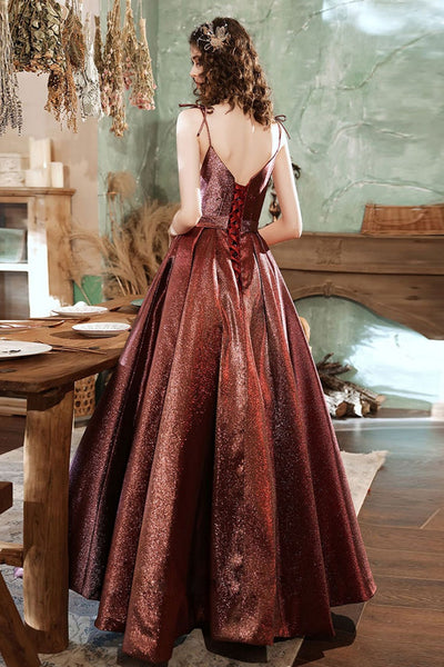 Shiny V Neck Maroon Long Prom Dresses, Open Back Maroon Formal Dresses, Maroon Evening Dresses
