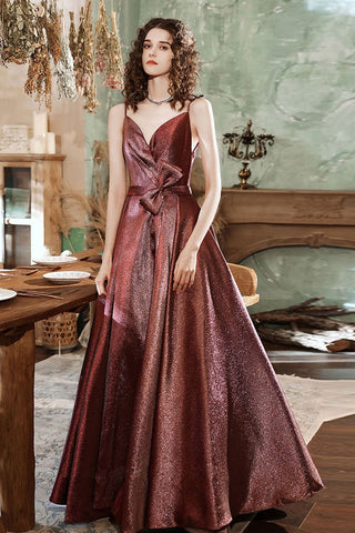 Shiny V Neck Maroon Long Prom Dresses, Open Back Maroon Formal Dresses, Maroon Evening Dresses