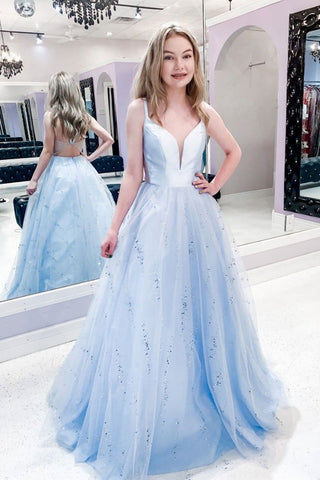 Shiny V Neck Open Back Blue Long Prom Dresses, V Neck Blue Formal Dresses, Blue Evening Dresses