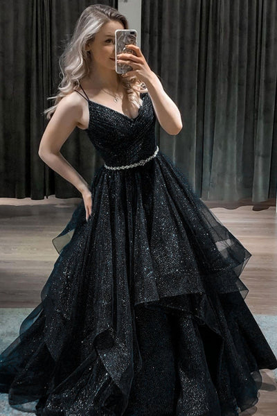 Shiny V Neck Puffy Dark Blue Burgundy Black Long Prom Dresses with Belt, V Neck Dark Blue Burgundy Black Formal Evening Dresses