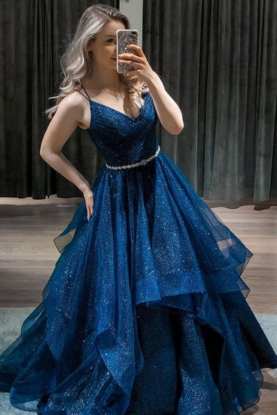 Shiny V Neck Puffy Dark Blue Burgundy Black Long Prom Dresses with Belt, V Neck Dark Blue Burgundy Black Formal Evening Dresses
