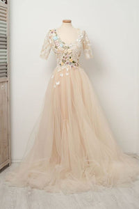 Short Sleeve Champagne Tulle Lace Floral Long Prom Dresses, Champagne Lace Formal Dresses, Floral Champagne Evening Dresses