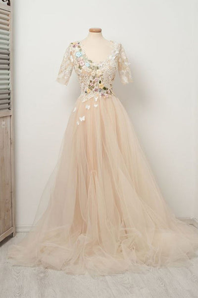 Short Sleeve Champagne Tulle Lace Floral Long Prom Dresses, Champagne Lace Formal Dresses, Floral Champagne Evening Dresses