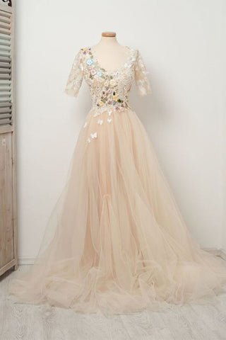 Short Sleeve Champagne Tulle Lace Floral Long Prom Dresses, Champagne Lace Formal Dresses, Floral Champagne Evening Dresses