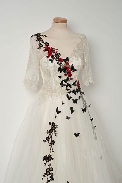 Half Sleeve V Neck Ivory Lace Long Prom Dresses with Appliques, Ivory Lace Floral Formal Evening Dresses