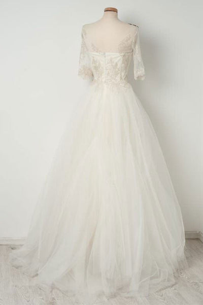 Half Sleeve V Neck Ivory Lace Long Prom Dresses with Appliques, Ivory Lace Floral Formal Evening Dresses
