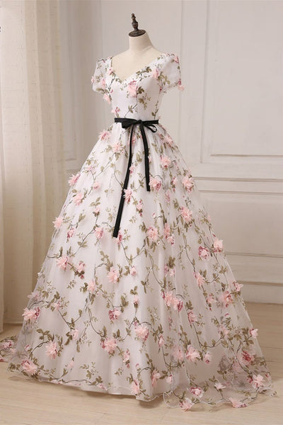 Short Sleeve V Neck Pink 3D Flowers White Long Prom Dresses, Pink Floral White Formal Evening Dresses