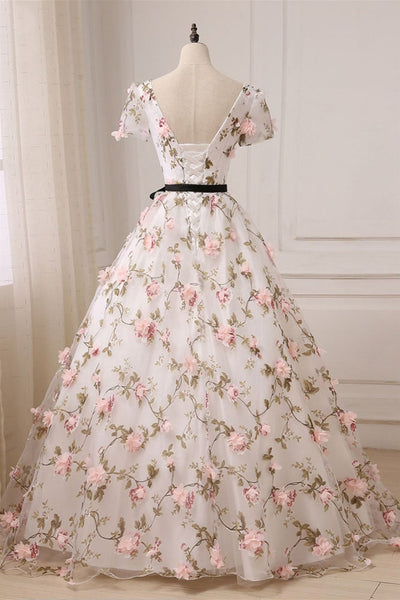 Short Sleeve V Neck Pink 3D Flowers White Long Prom Dresses, Pink Floral White Formal Evening Dresses
