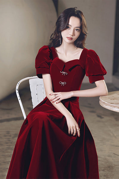 Short Sleeves Burgundy Velvet Tea Length Prom Homecoming Dresses, Burgundy Velvet Formal Graduation Evening Dresses