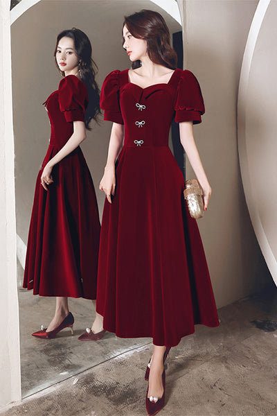 Short Sleeves Burgundy Velvet Tea Length Prom Homecoming Dresses, Burgundy Velvet Formal Graduation Evening Dresses