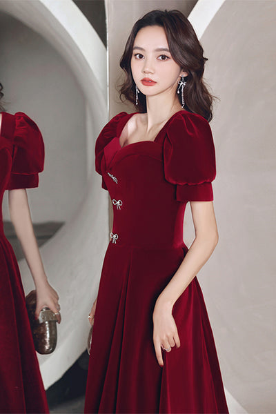 Short Sleeves Burgundy Velvet Tea Length Prom Homecoming Dresses, Burgundy Velvet Formal Graduation Evening Dresses