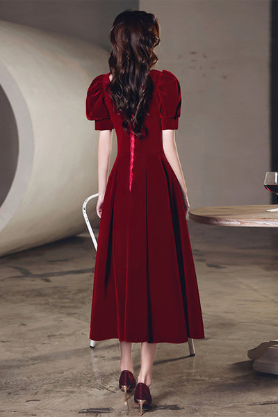 Short Sleeves Burgundy Velvet Tea Length Prom Homecoming Dresses, Burgundy Velvet Formal Graduation Evening Dresses