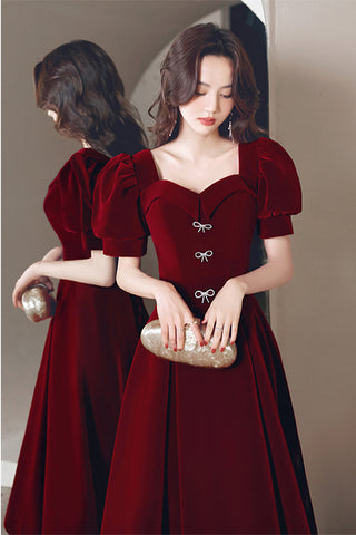 Short Sleeves Burgundy Velvet Tea Length Prom Homecoming Dresses, Burgundy Velvet Formal Graduation Evening Dresses