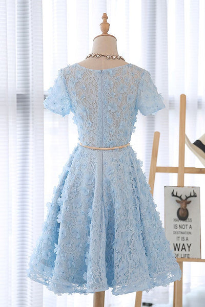 Short Sleeves Light Blue Lace Short Prom Dresses, Round Neck Light Blue Homecoming Dresses, Light Blue Lace Formal Evening Dresses