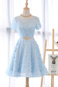 Short Sleeves Light Blue Lace Short Prom Dresses, Round Neck Light Blue Homecoming Dresses, Light Blue Lace Formal Evening Dresses