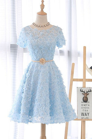Short Sleeves Light Blue Lace Short Prom Dresses, Round Neck Light Blue Homecoming Dresses, Light Blue Lace Formal Evening Dresses