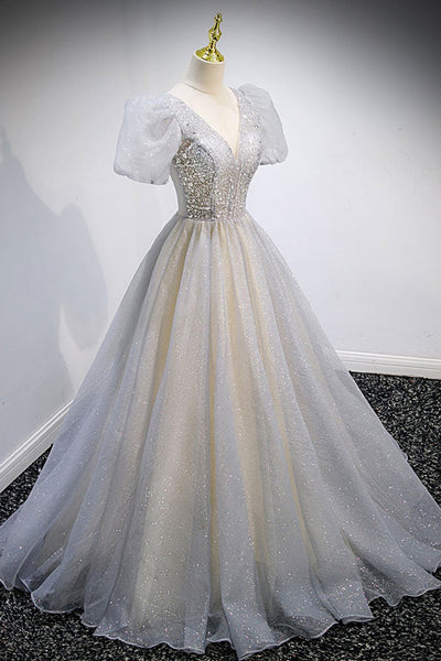 Short Sleeves Shiny Sequins Champagne Long Prom Dresses, V Neck Champagne Formal Dresses, Sparkly Champagne Evening Dresses