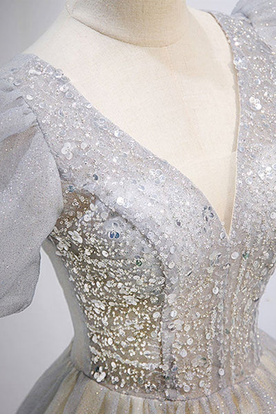 Short Sleeves Shiny Sequins Champagne Long Prom Dresses, V Neck Champagne Formal Dresses, Sparkly Champagne Evening Dresses