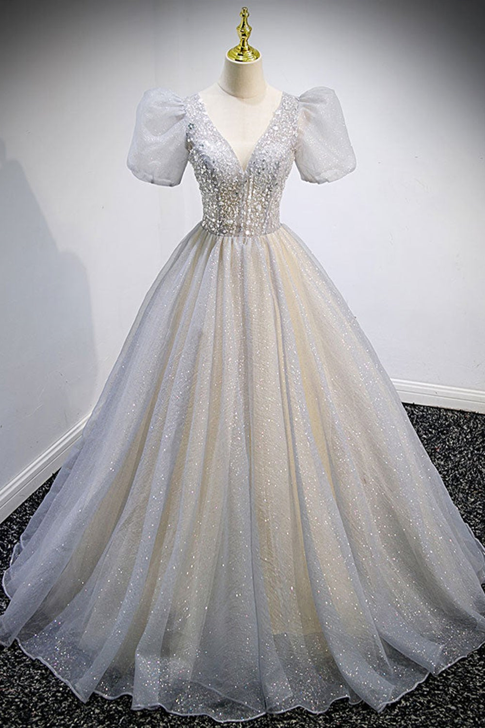 Short Sleeves Shiny Sequins Champagne Long Prom Dresses, V Neck Champagne Formal Dresses, Sparkly Champagne Evening Dresses