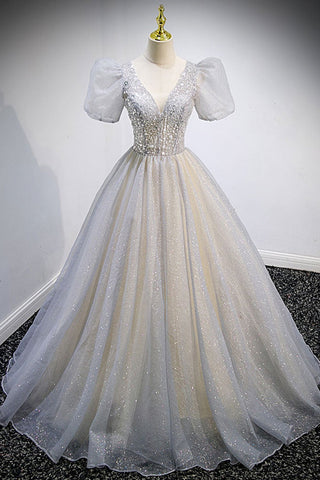 Short Sleeves Shiny Sequins Champagne Long Prom Dresses, V Neck Champagne Formal Dresses, Sparkly Champagne Evening Dresses