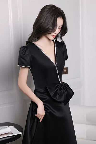 Short Sleeves V Neck Beaded Black Long Prom Dresses, V Neck Black Formal Graduation Evening Dresses WT1003