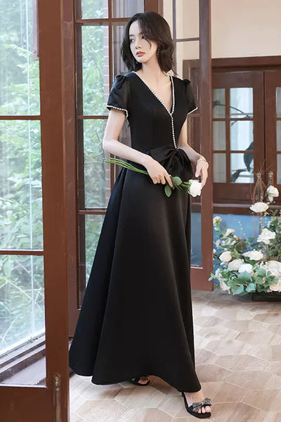 Short Sleeves V Neck Beaded Black Long Prom Dresses, V Neck Black Formal Graduation Evening Dresses WT1003