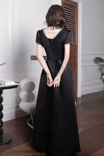 Short Sleeves V Neck Beaded Black Long Prom Dresses, V Neck Black Formal Graduation Evening Dresses WT1003