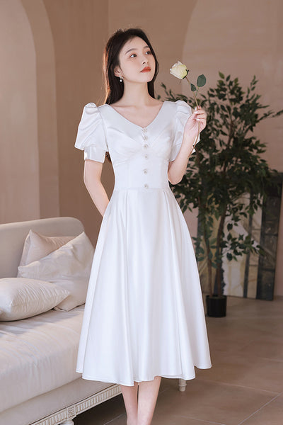 Short Sleeves V Neck White Satin Short Prom Dresses, V Neck White Homecoming Dresses, White Formal Graduation Evening Dresses