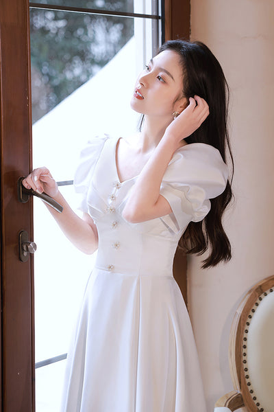 Short Sleeves V Neck White Satin Short Prom Dresses, V Neck White Homecoming Dresses, White Formal Graduation Evening Dresses