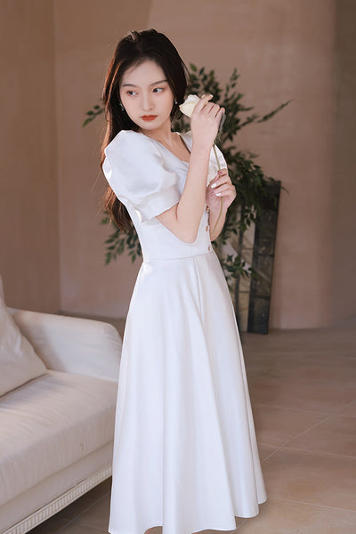 Short Sleeves V Neck White Satin Short Prom Dresses, V Neck White Homecoming Dresses, White Formal Graduation Evening Dresses