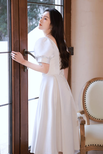 Short Sleeves V Neck White Satin Short Prom Dresses, V Neck White Homecoming Dresses, White Formal Graduation Evening Dresses