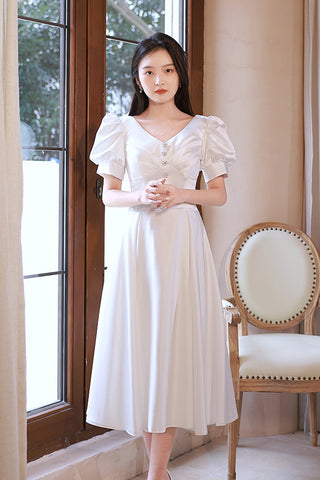 Short Sleeves V Neck White Satin Short Prom Dresses, V Neck White Homecoming Dresses, White Formal Graduation Evening Dresses