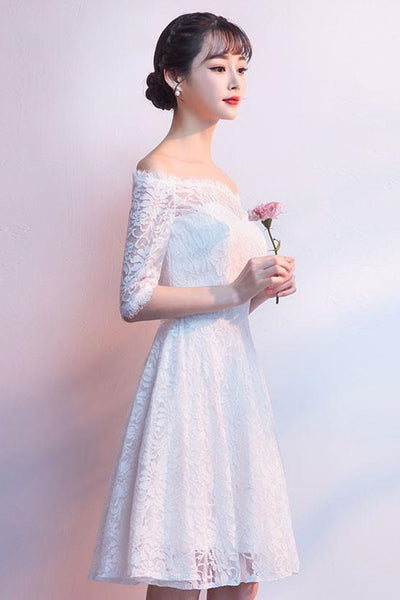 Short Sleeves White Lace Short Prom Dresses, Off Shoulder White Homecoming Dresses, White Lace Formal Graduation Evening Dresses
