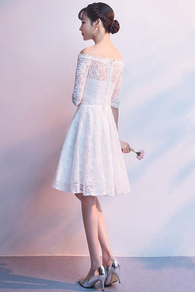Short Sleeves White Lace Short Prom Dresses, Off Shoulder White Homecoming Dresses, White Lace Formal Graduation Evening Dresses