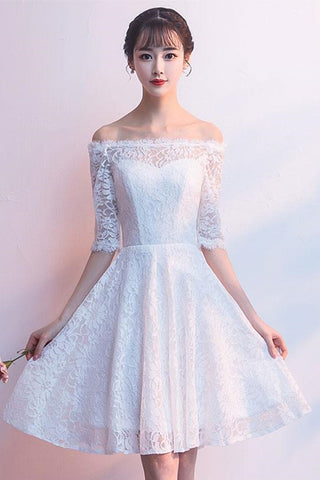 Short Sleeves White Lace Short Prom Dresses, Off Shoulder White Homecoming Dresses, White Lace Formal Graduation Evening Dresses
